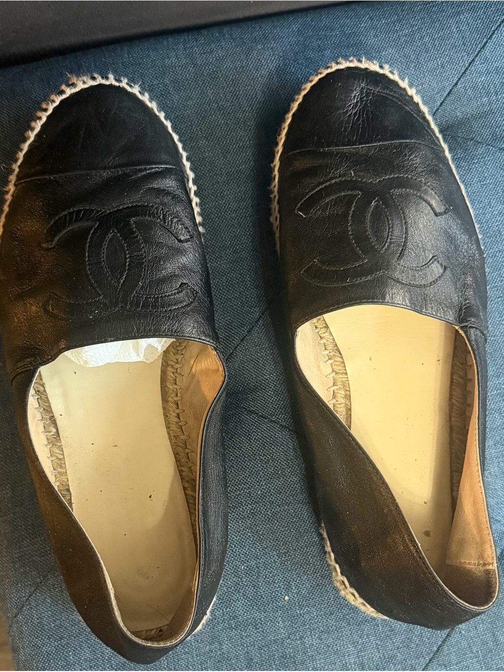 CHANEL Black Leather Espadrille Slip-Ons with CC Motif